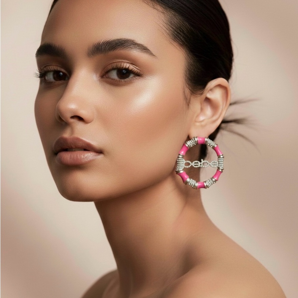 Bebe Y2K Bamboo Rhinestone Statement Hoop Earrings